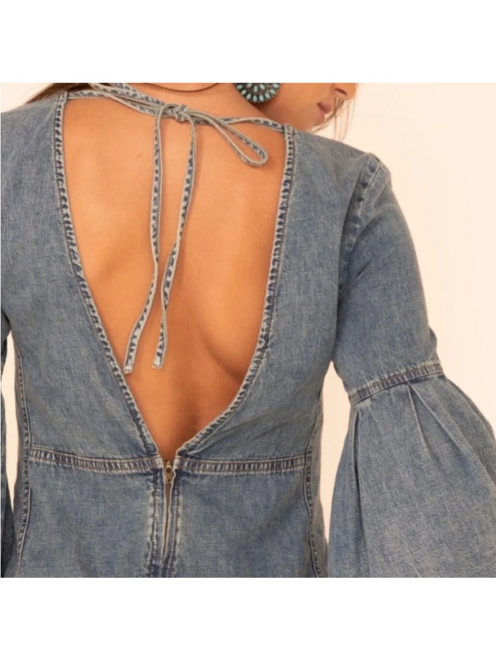 Free People Denim Fringed Raw Hem Flare Backless Dress - Picture 6 of 16